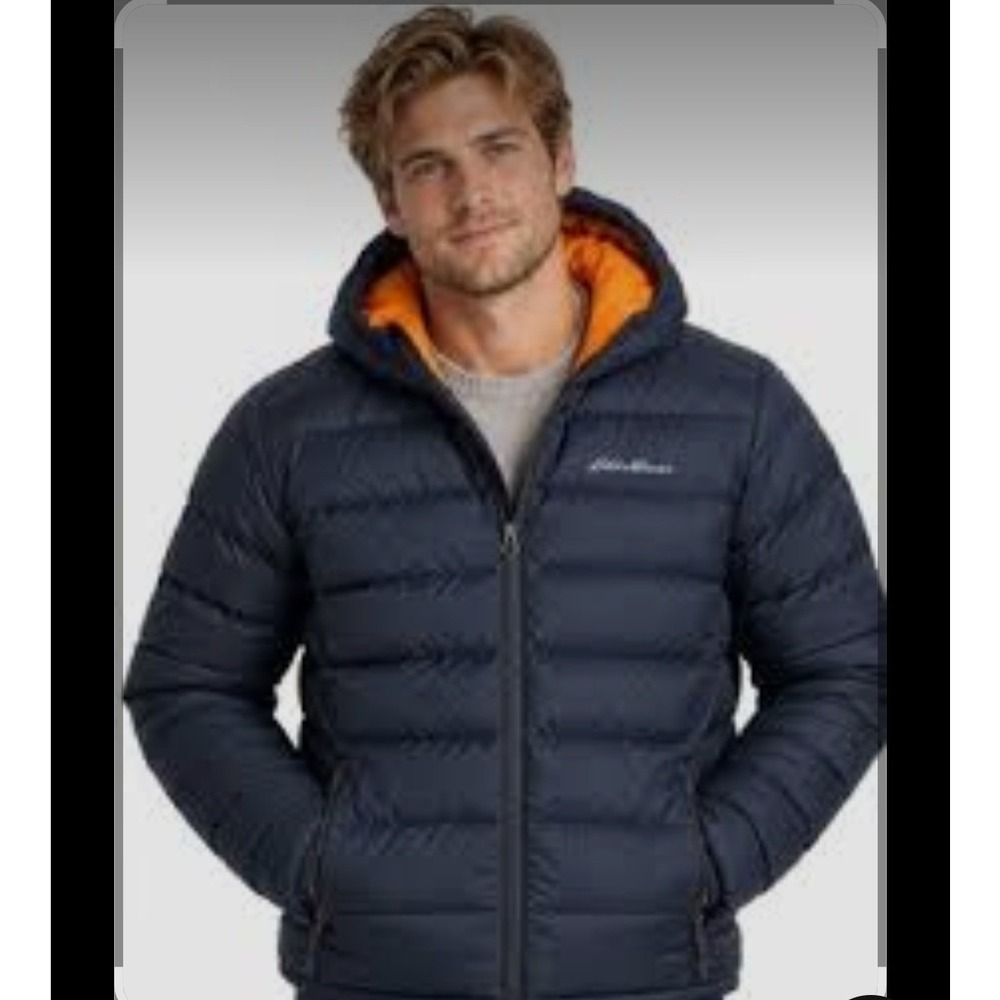 Eddie Bauer Mens CirrusLite Hooded Jacket Navy Blue Orange XL 650 Down Puffer